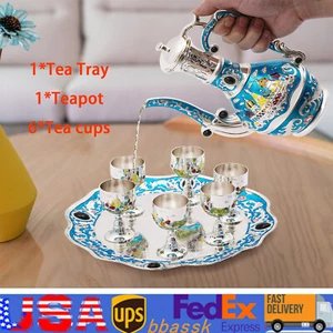Vintage Turkish Tea Set Coffee Pot Zinc Alloy Craft Teapot Tea Service w/ 6 Cups - Picture 1 of 15