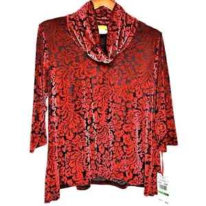 NEU Ruby Rd. Damen Samt Burnout Top Rot Schwarz Halbtransparenter Wasserfallausschnitt Gr. PL - Bild 1 von 12