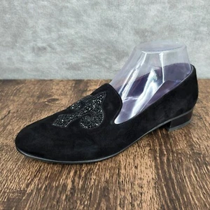 Mocasines para fumar Stuart Weitzman Lys 7,5 gamuza negra sin cordones flor de lis cristal - Imagen 1 de 15