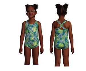 NWT Land's End Little Girls 1-Piece Swimsuit SZ 4 Palm Print UPF 50+ Cross Back - Picture 1 of 3