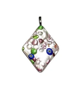 PENDANT/NECKLACE Multi Color Fused Glass Silver & Millefiore UNUSUAL DROP P416 - Picture 1 of 1