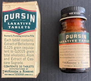 1954 Pursin Laxative Tablet Bottle & Original Box-Vintage Drugstore Collectible - Picture 1 of 8