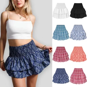 UK Womens Girls Elastic Waist Floral Mini Skirts Skirt Summer Beach Ruffle Dress - Picture 1 of 39