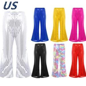 US Kids Girls Dance Pants Latin Bell-Bottom Shiny Street-wear Retro Trousers - Picture 1 of 95