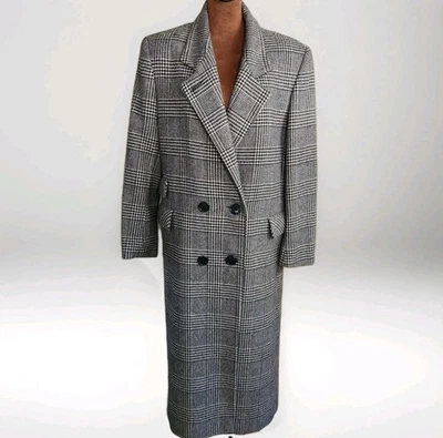 Abrigo largo de lana vintage pata de gallo Bert Newman talla 12 pequeño a cuadros para mujer Foto 1 de 4