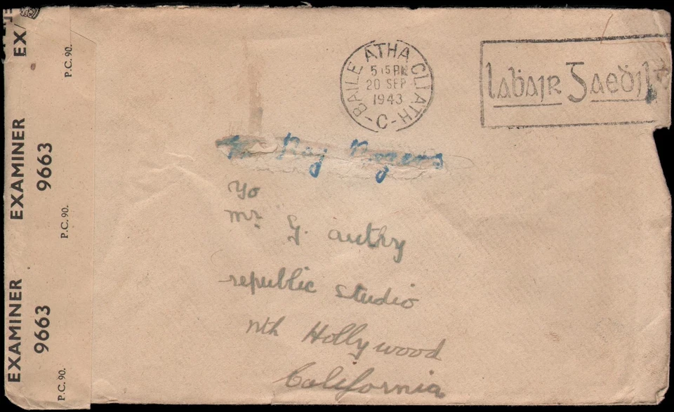 Baile Atha Cliath (Dublín) al actor Gene Autry, Hollywood CA, 1943, censurado Foto 1 de 1