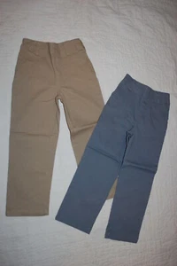 Boys 2 PAIR LOT WOVEN PANTS Pull On KHAKI TAN & GRAY Elast Waist POCKETS Size 5 - Picture 1 of 1