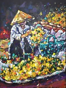 Original Öl Pastell Gemälde Blumen Kunstwerk Vietnam Gemälde 12"x9,5" - Bild 1 von 4