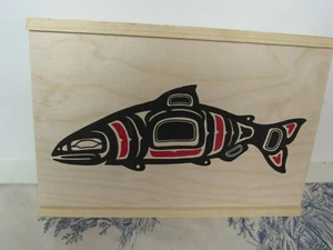 Wooden Pacific Northwest Fish Patterned Wood Trinket Box - Picture 1 of 5