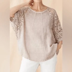 NWT Women's Italian Made Neutral Linen Cotton Blend Blouse Size XL - Picture 1 of 8