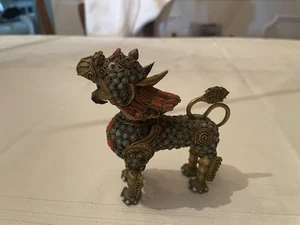 Vintage Asian Jeweled Turquoise & Coral Filigree Brass Foo Dog Box Tibet - Picture 1 of 9