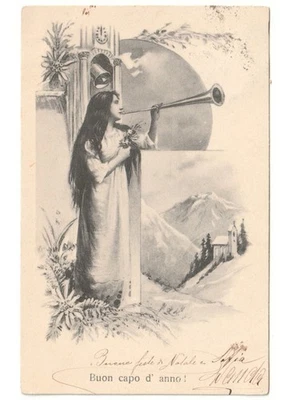 Primeros '900 Antigua Tarjeta Postal Liberty Año Ángel Trompeta O Chiesa Montaña - Imagen 1 de 2
