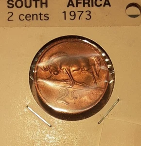 1973 South Africa 2 Cents w/Arms Obverse - Wildebeest Reverse - UNC/Toned Coin - Picture 1 of 2