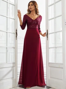 Sexy V Neck Sequin Evening Dresses with 3/4 Sleeve - Picture 1 of 26