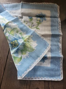 Vtge Square Handkerchief MCM Floral Blue Green White About 11" Square Wedding - Picture 1 of 7