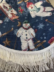 Vintage Gobelin Weihnachtsbaum Rock Fransen Schneemann 44" Durchmesser - Bild 1 von 6