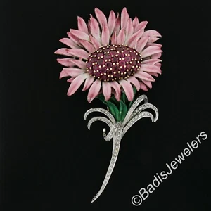 Vintage Palladium Gold GIA 7.60ct Burma Ruby Diamond Enamel Floral Pin Brooch - Picture 1 of 8