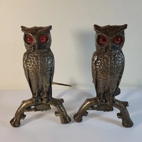 Early 1900's Antique Cast Iron Owl Fireplace Andiron Set Amber Glass Eyes Cover