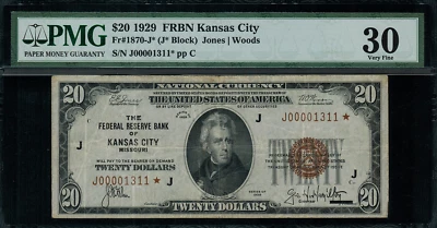 1929 $20 Federal Reserve Bank Note - Kansas City - Star Note FR.1870-J* - PMG 30 - Image 1 of 2