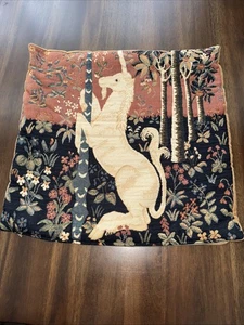 Standing Unicorn Flemish Tapestry Pillow Cover Made In Europe 17”x17” Vintage - Picture 1 of 6