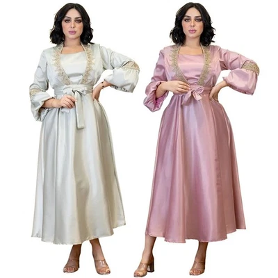 Arab Women Abaya Elegant Lace Lantern Sleeve Loose Kaftan With Tie Party Grown - Bild 1 von 4