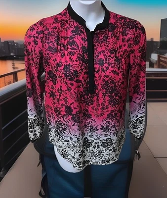 Blusa Nicole Miller Gasa Rosa - Blanca Ombre Negra Floral Larga Slv Talla M Foto 1 de 4