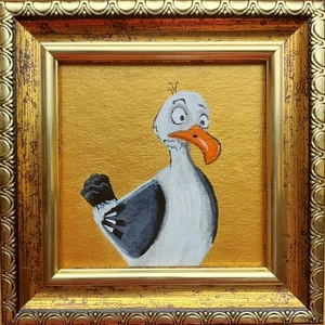 Divertida pintura de gaviota gaviota pájaro pequeña pintura arte enmarcado pájaro obra de arte 3x3 - Imagen 1 de 10