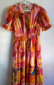 Farm Rio Patch Twirl Midi Dress Tiered Puff Short Sleeves NWT Sz Medium - Picture 1 of 12