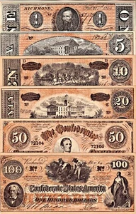 Confederate Repro Note Set of 6: $1, $5, $10, $20, $50, $100: Mint - Free Ship - Picture 1 of 2