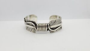 Vintage Native American Navajo M Thomas Jr Sterling Silver Feather Cuff Bracelet