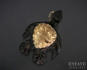 14k Yellow Gold Natural Black Coral Sea Turtle Charm Pendant 2.4g i19049b - Picture 1 of 4