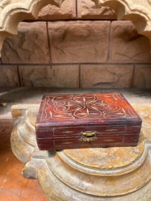 Antique Old Rare Wooden Hand Carved Brass Work Perfume Bottle Box - Image 1 of 4