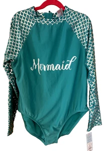 New Cat & Jack Girl's Long Sleeve Turquoise Mermaid One Piece Swimsuit- XL Plus - Picture 1 of 6