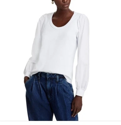 Top cuello redondo John Paul de hilo único talla L en blanco ajustado con manga abullonada Foto 1 de 2