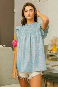 BiBi Clear Sequin All-over Gingham Smocked Top - Picture 1 of 14