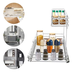 2-Tier Pull-out Cabinet Storage Rack, Sliding Out Storage Rack Under Sink Silver - Picture 1 of 22