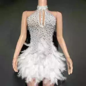 Neu Water Diamond Pearl White kurzes Federkleid Performance Tanzkleid - Bild 1 von 10