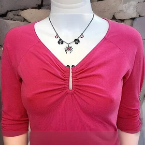 Bisou Womens Top Pink Med Stretch Cotton Ruched w/Gunmetal U-Barbell 3/4 Sleeve - Picture 1 of 6