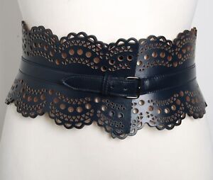 Alaïa Women Blue Waist Belt 100% Leather Solid Adjustable Wide Lace Strap 70 cm