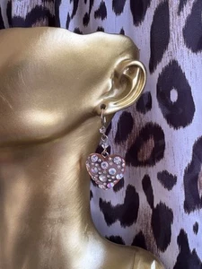 Betsey Johnson Peach Pink Coral Lucite Puffy Heart Clear Crystal AB Earrings - Picture 1 of 3