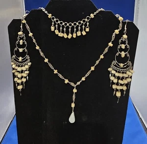 Weißer Stein/Hellbraun Nugget Halskette/Ohrringe/Armband Peruanisches Set/Boho - Bild 1 von 4