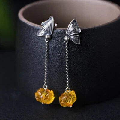 I05 Ohrring Schmetterling Blüte aus Bernstein an Kettchen Silber 925  - Bild 1 von 4