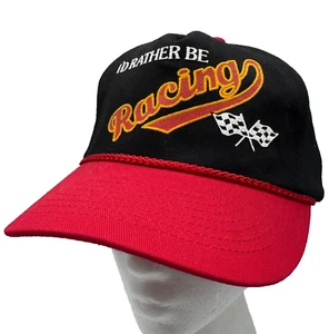 Vtg 90s I'd Rather Be Racing Nascar Snapback Rope Hat Checkered Flag Black Cap - Picture 1 of 9