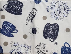 Peva Vinyl Tablecloth 52" x 70" Oblong (4-6 people) COFFEE CUPS WITH TEXT #1, BH - Picture 1 of 24
