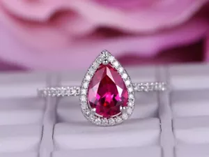 1.90 Ct Pear Cut Real Ruby & Diamond Engagement Wedding Ring 14K Real White Gold - Picture 1 of 12