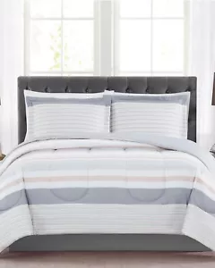 Reversible Pastel Blush Gray Tone Stripe Pattern Comforter Sham Set |Choose Size - Picture 1 of 8