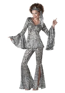 70's-80's Disco Pantsuit 3 Pc Blk/Wht Sequin Swirl Pattern Top Pants & Scarf - Picture 1 of 1