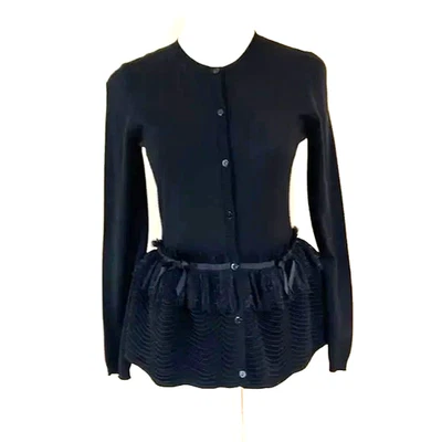 Red Valentino Virgin Wool Black Lace Ruffle Peplum Cardigan Sweater Size Small - Image 1 of 3