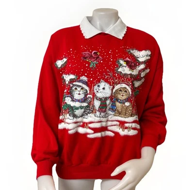 Cascanueces Cuello Navidad Gato Sudadera Mujer XL 80s Pintura Hinchada Abuela Foto 1 de 4