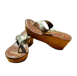 SAM EDELMAN Romy Platform Sandal 7 US, Cork Wedge Sandal Silver Metallic Snake - Picture 1 of 9
